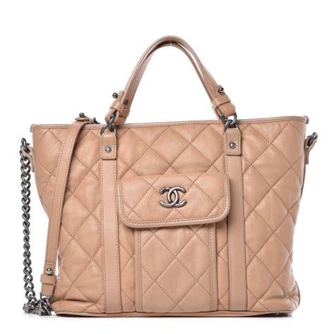 CHANEL Calfskin Quilted Casual Riviera Tote Beige